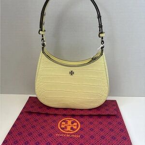 Tory Burch Emerson Embossed Shoulder Bag Pastel Yellow With Dust Bag Croc New